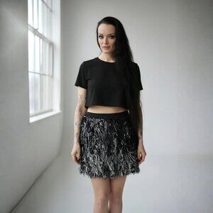 Zara ✦ Black Silver Metal Fringe Mini Skirt ✦ Handmade Ombre Limited Ed S NWT
